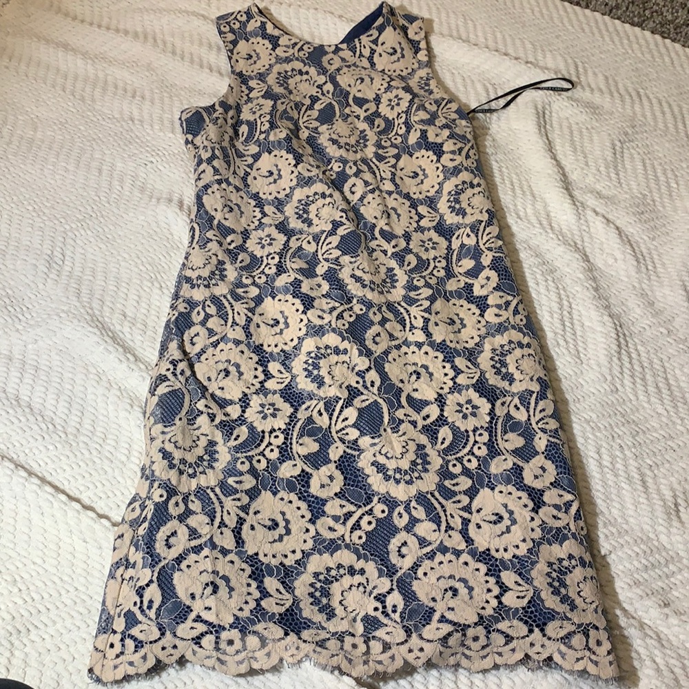Size 6 Blue and Cream Colored Fitted Dress